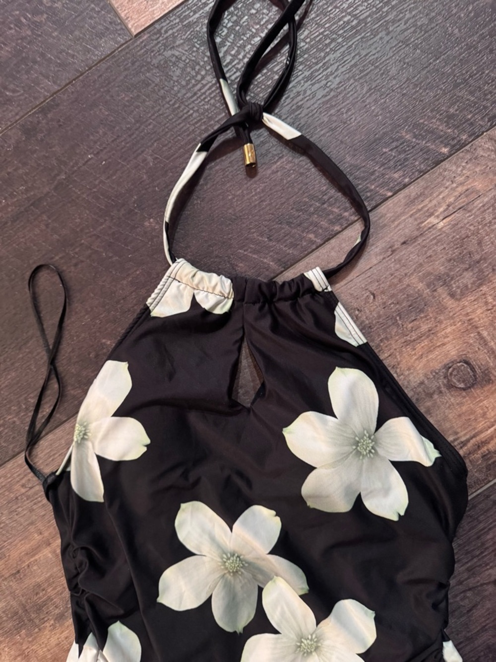 Lauren Ralph Lauren Black Floral Halter Swim Top Ruched Side Tankini Size 10 - Picture 3 of 5